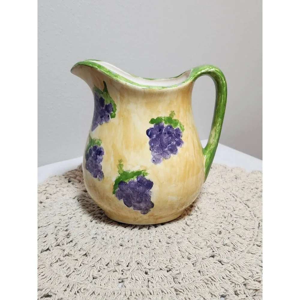 Hand Painted Ceramic Grape Pitcher Yellow Purple Artisan Signed 2020 Cottagecore
